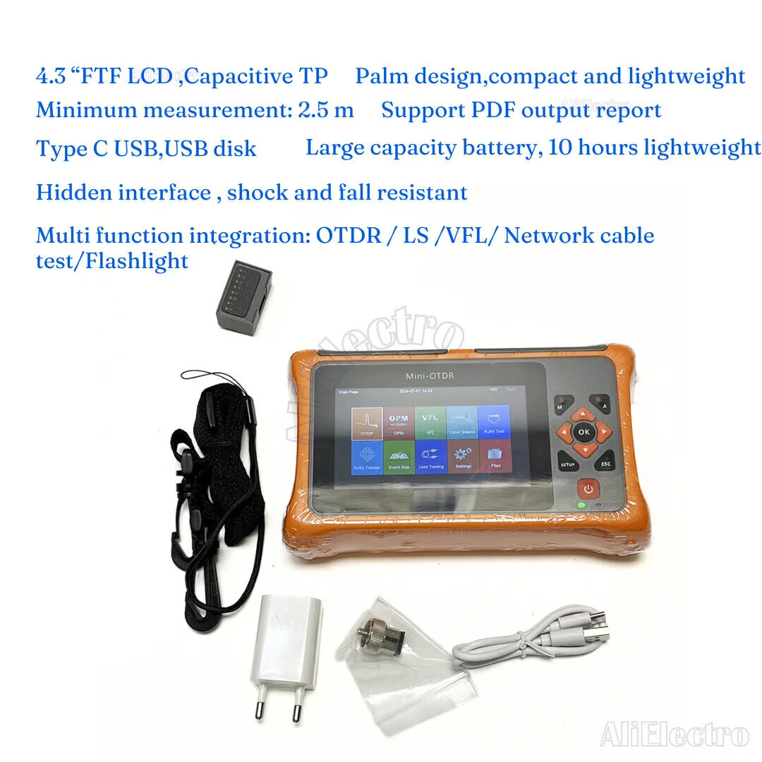 Мини-рефлектометр OTDR с оптическим кабелем OPM OLS VFL тестер сенсорным экраном 1550 нм