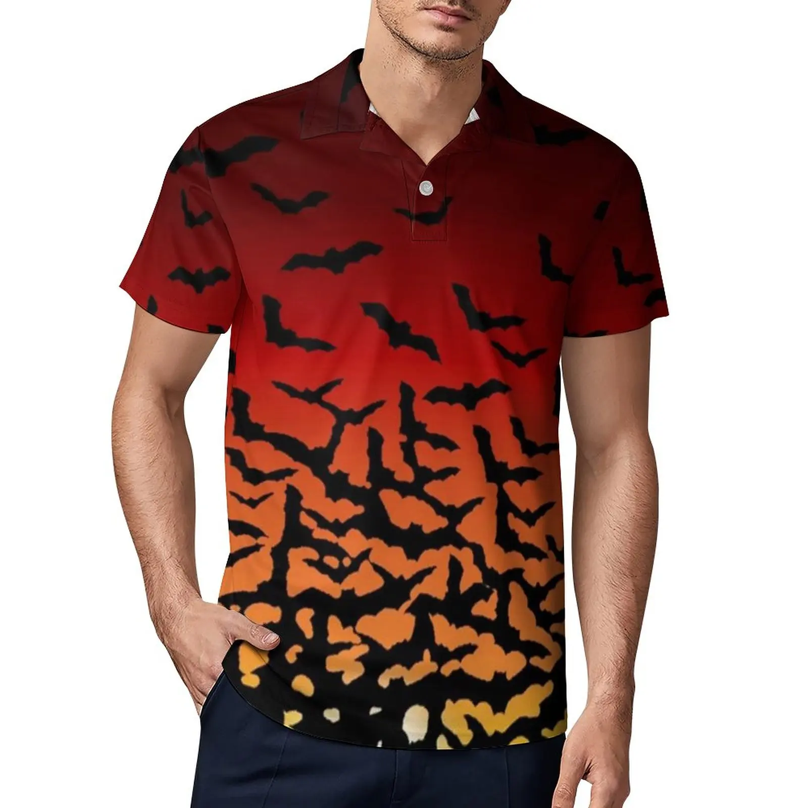 

Мужская рубашка-поло на Хэллоуин, Повседневная рубашка с принтом летучая мышь, закат, существа ночи, Пляжная трендовая рубашка с отложным во...
