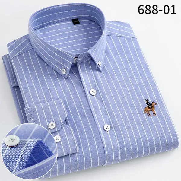 2021 New Camisas 100% Cotton Striped Oxford Long Sleeve Solid Plaid Fashion Slim Fit Men's Casual Shirt