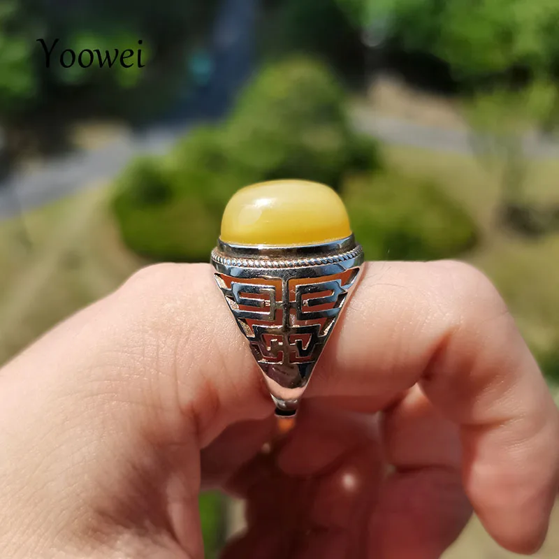 

6.4g 14*16mm Real Natural Amber Rings for Men Vintage S925 Silver Anniversary New Opening Adjustable Hollow Jewelry Gift Anillos