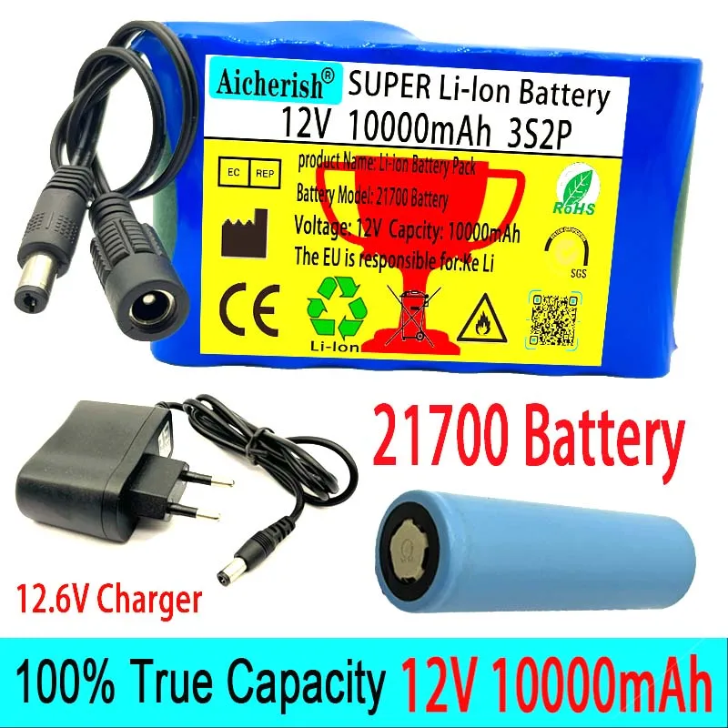 

Aicherish 12V 10Ah 21700 Li-ion Rechargeable Battery E-Bike 3S2P 100% True Capacity 12.6V Charger Electric Bike Scooter With BMS