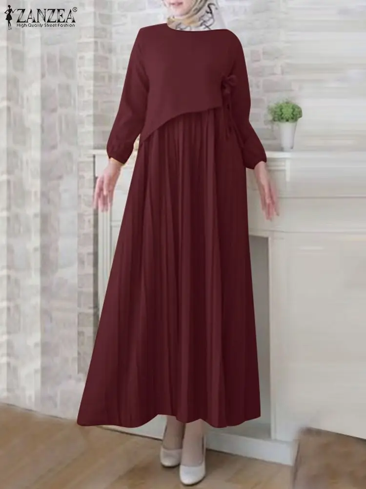 

ZANZEA Fashion Muslim Abaya Hijab Dress Women Long Sleeve Sundress Vintage Casual Islamic Clothing Solid Pleated Long Vestido