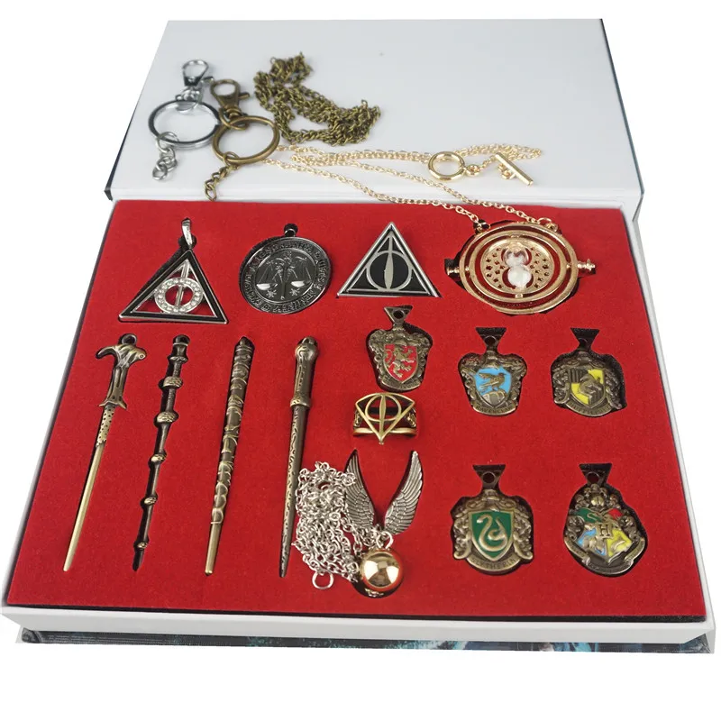 

Harries Time Turner Hourglass Metal Badge Brooch Ring Sets Potters Quidditch Magic Wand Magic Stone Keychain Necklace Box Gift