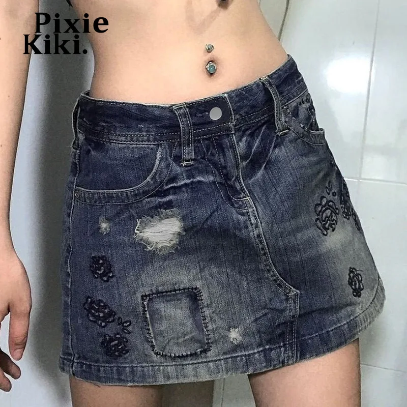 

PixieKiki Y2k Grunge Embroidery Denim Skirts for Girls Cute Sexy Low Waisted Mini Skirts Womens 2022 Summer Clothes P77-CB24