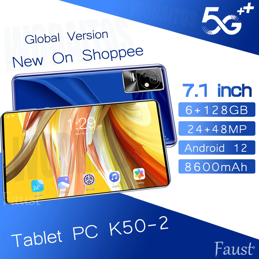 

7.1 inch Tablet K50 Android 12 Google Play 6GB 128GB WIFI 8600mAh 24+48MP Netbook Dual SIM Deca Core Qualcomm 870 Face ID