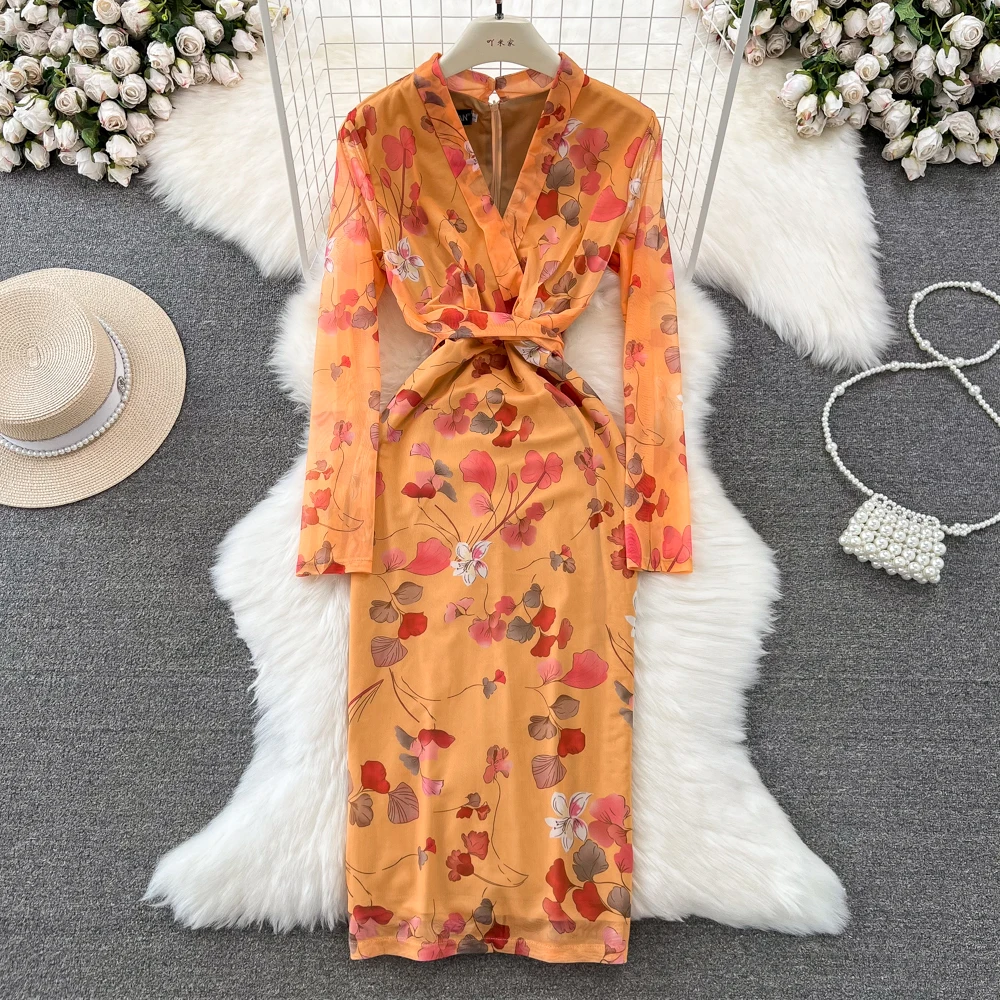 

2023 Spring And Autumn Korean Mature Style Long Sleeve Party Dress Ladies V-Neck Waist Wrapped Slim Bodycon Printed Mesh Dress