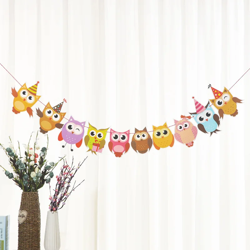 

10Pcs/Set Owl Pulling Flag Children's Birthday Party Decoration DIY Paper String Banner Cartoon Bunting Room Dress Up Supplies