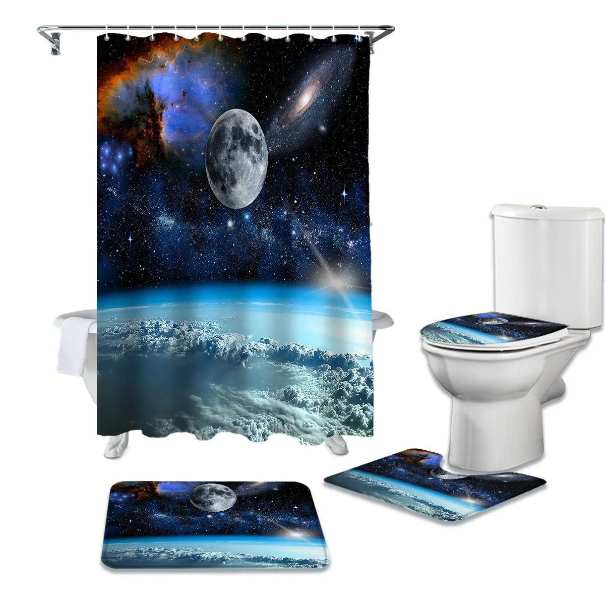 Universe Galaxy Moon Shower Curtain Set Carpet Cover Toilet Cover Bathroom Mat Bathroom Household