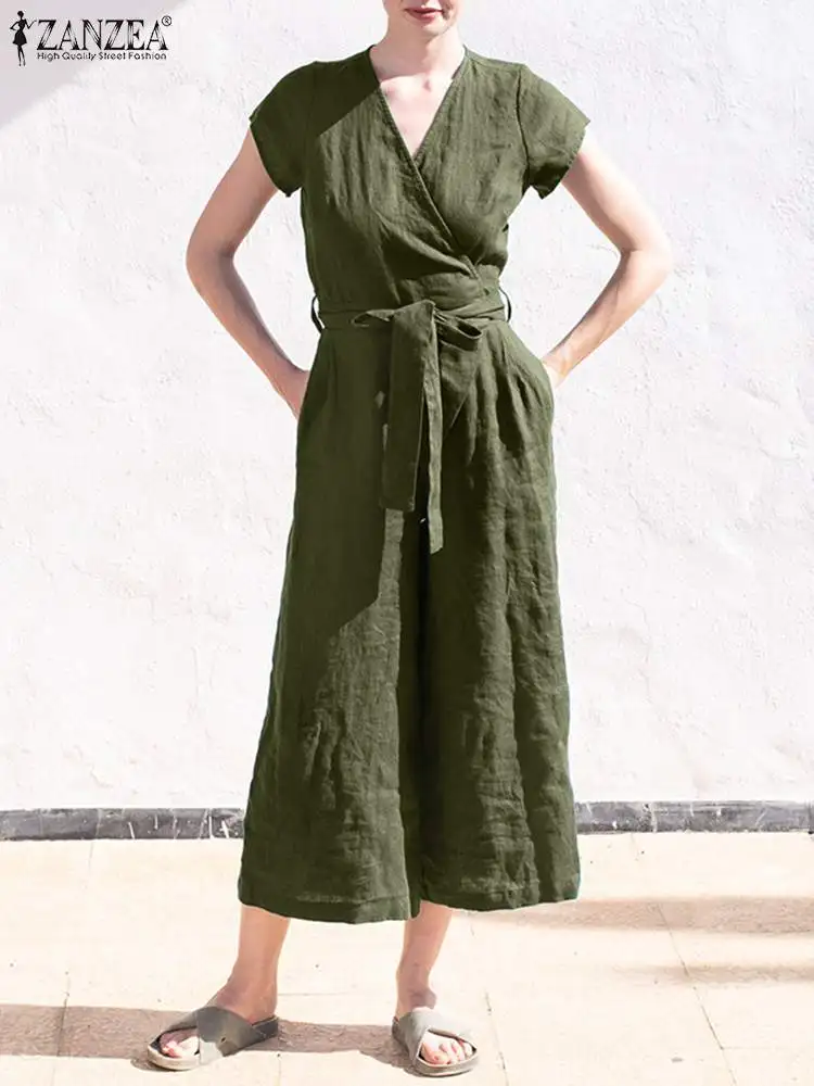 

Комбинезон ZANZEA женский с V-образным вырезом, стильный модный однотонный ромпер с короткими рукавами и широкими штанинами, повседневный офис...