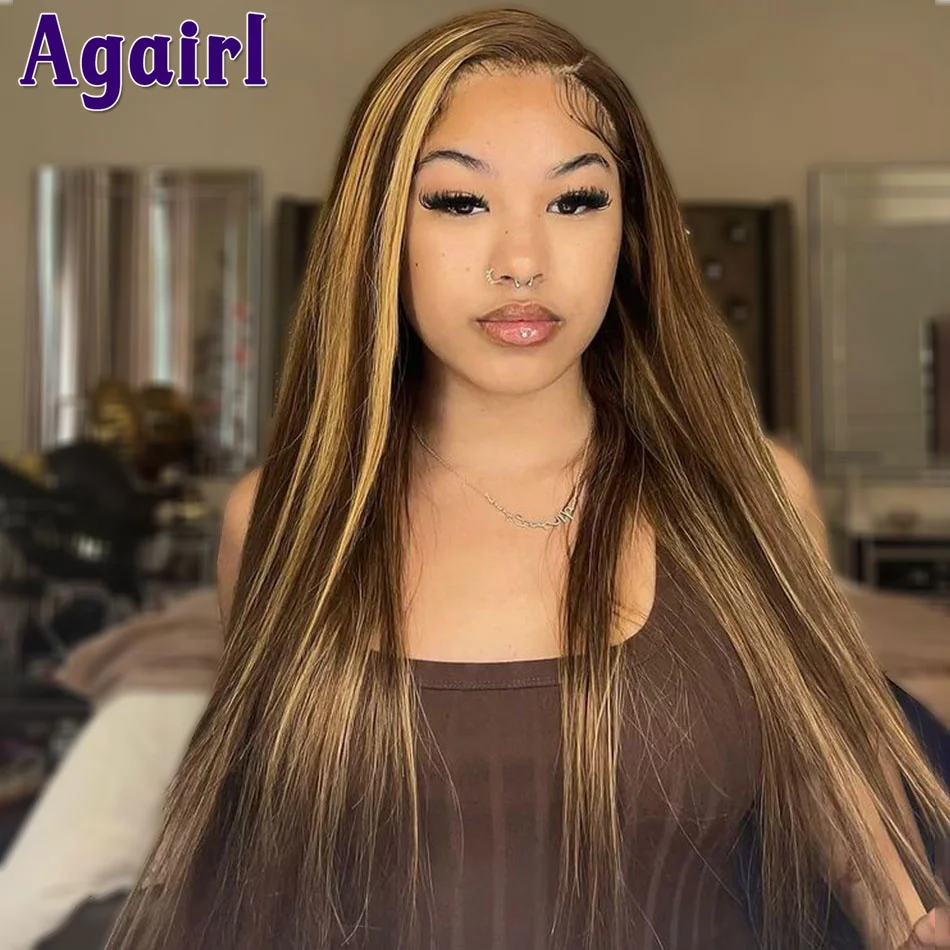 

Chestnut Brown Wig With Blonde Highlights Transparent Lace 5X5 Closure Wig Straight Human Hair Lace Frontal Wigs For Black Women