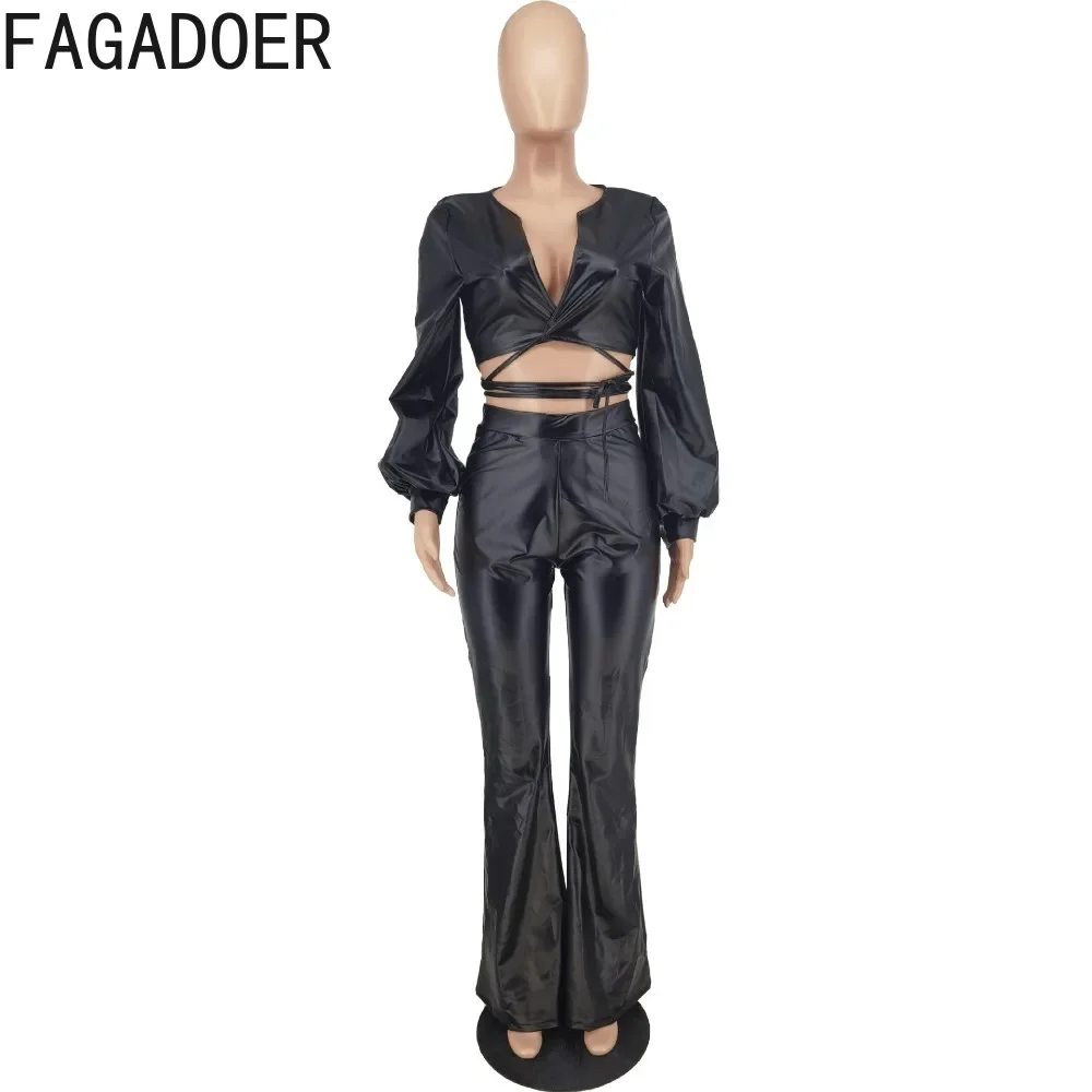 Модные облегающие брюки из искусственной кожи FAGADOER комплект двух предметов