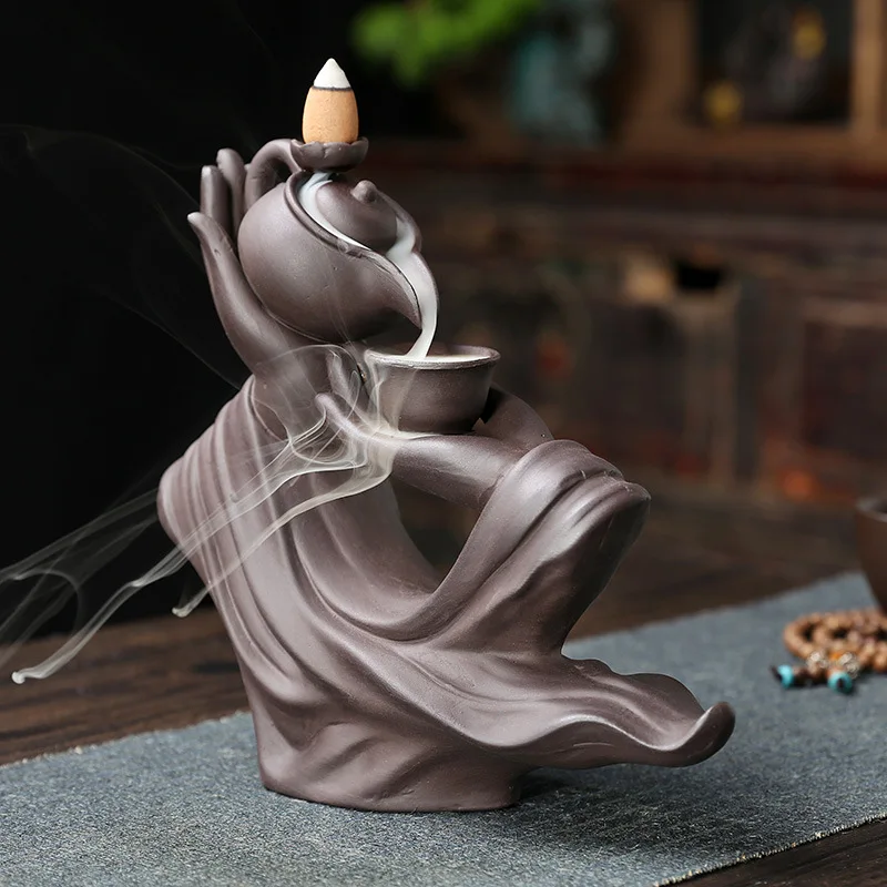 

Zen Buddha Hand Waterfall Backflow Incense Burner Creative Home Decor Incense Holder Portable Ceramic Censer Handicrafts