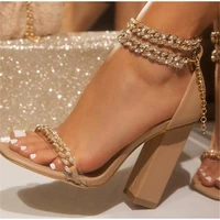 women fashion sandals crystal chain high heels female shoes woman square heel open toe buckle strap ladies sandals 2022 new