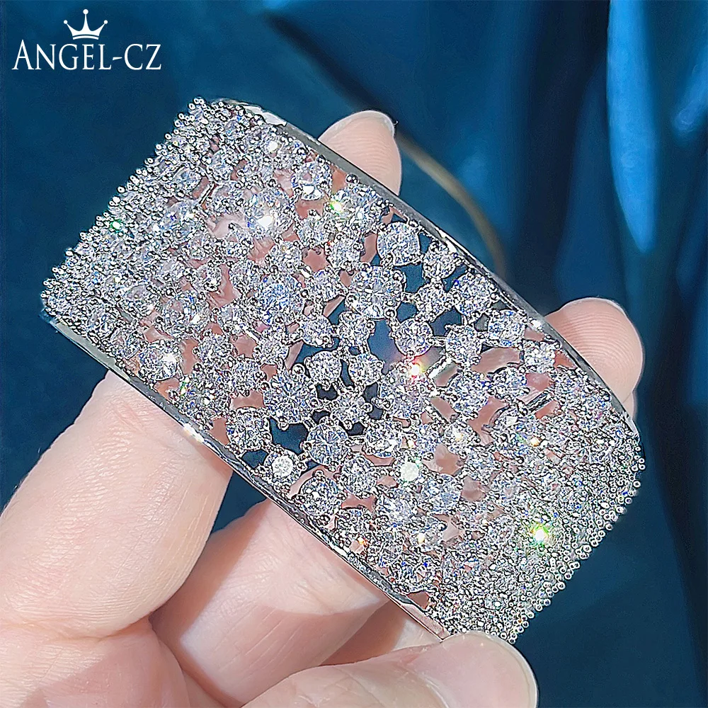 

ANGELCZ Super Luxury White Gold Color Sparkling AAA CZ Zircon Women Bridal Party Wide Bangle Jewelry for Wedding Engagement B159