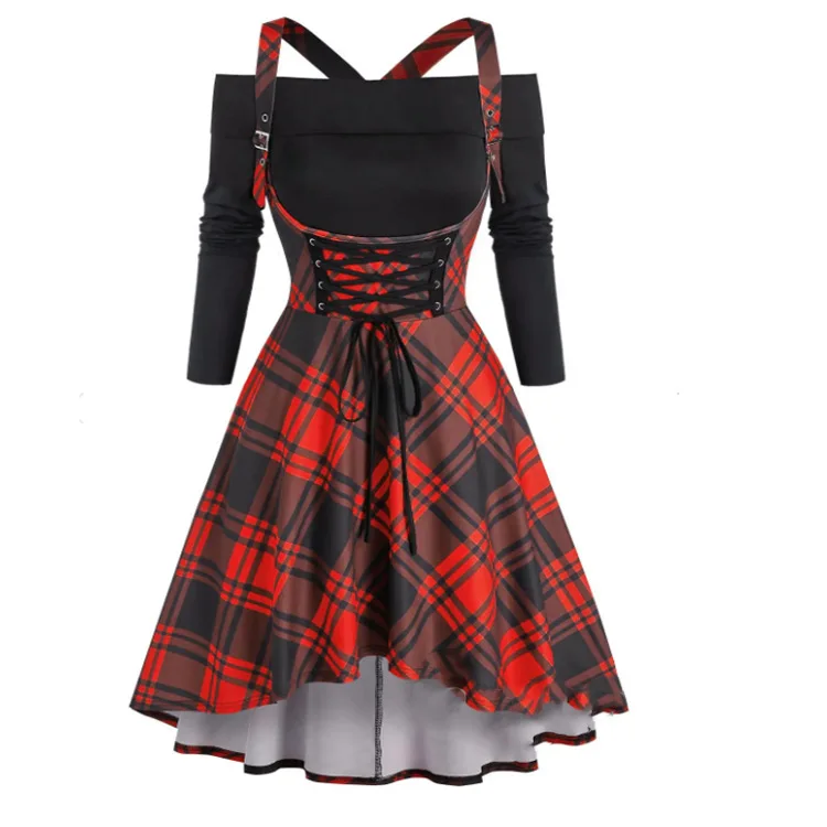 

Женские платья с вырезом панк готическое клетчатое лоскутное платье на шнуровке с коротким рукавом асимметричное платье Летнее женское пл...