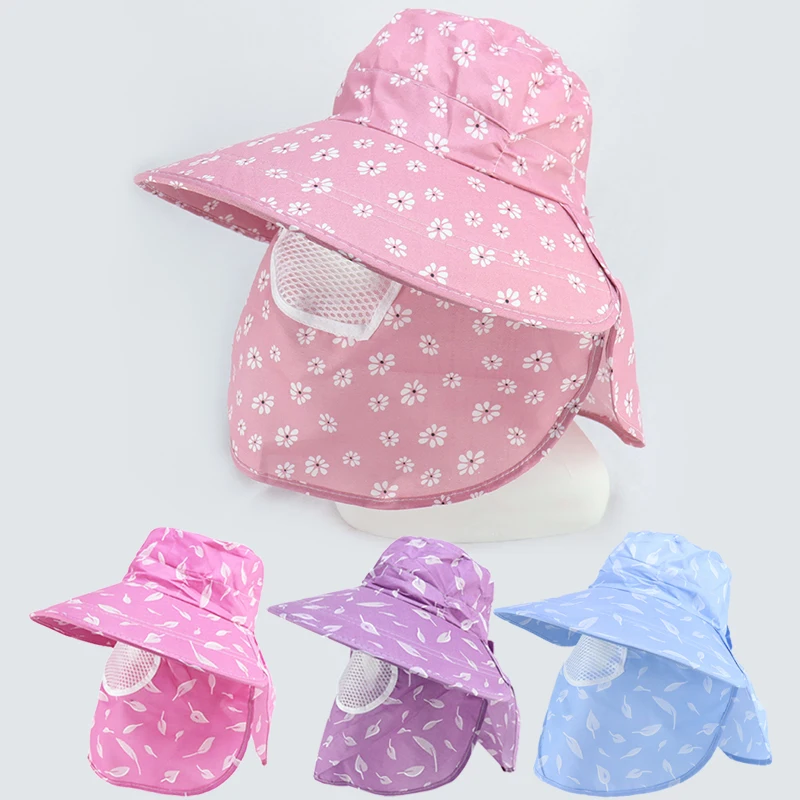 

1PC Summer Fashion Sun Hat Face Neck Protection Visors Cap Feather Floral Pattern Wide Brim shawl cap Tea Picking Hat