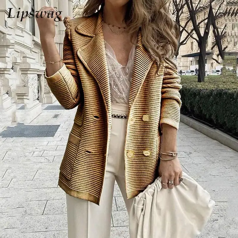 

Women Solid Long Sleeve Blazer Jacket Autumn Winter Elegant Double-breasted Slim Outwear Tops Fashion Casual Ribbed Knitted Coat