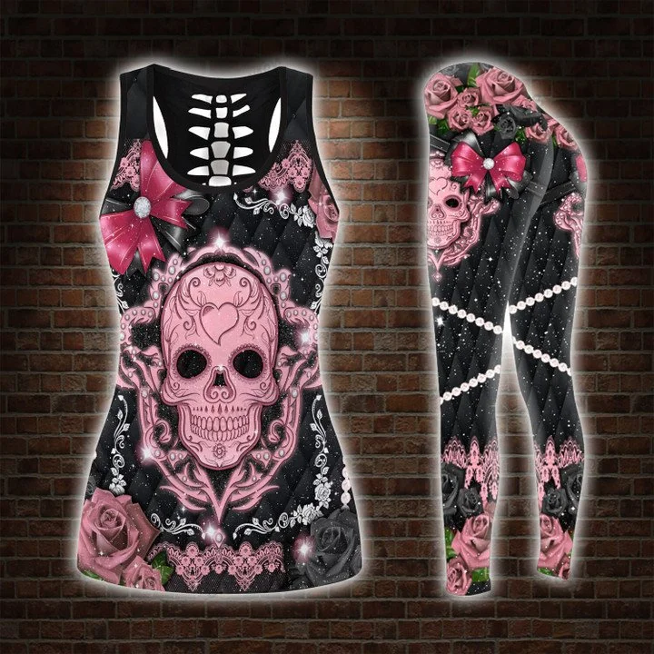 

Cool Skull Flower Tank Tops Leggings Combo Women Vests Workout Shirt Soft Summer Sport Yoga Sleeveless Shirts Combo Sport Suits