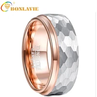 bonlavie new hot 8mm wide tungsten carbide ring side step rose gold plating surface hammered tungsten steel ring jewelry