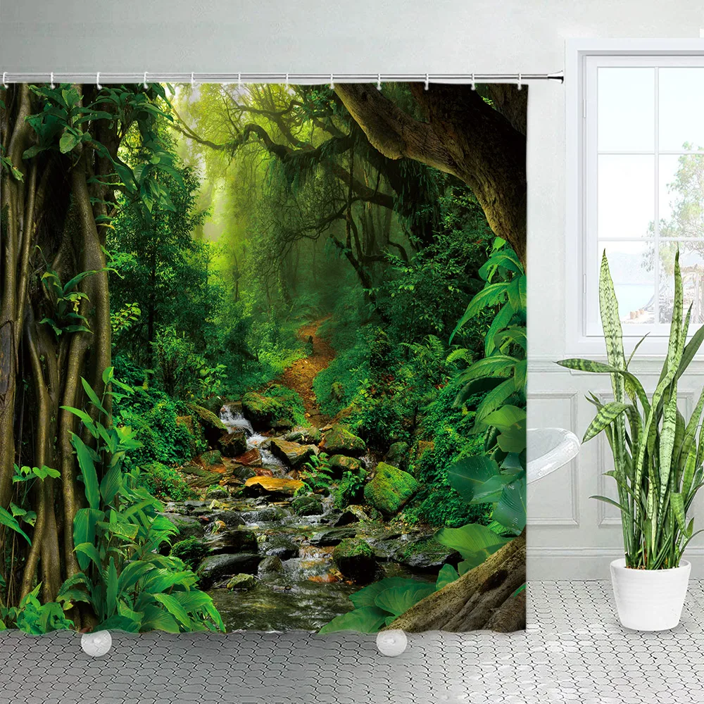 

Лесной ландшафт, занавеска для душа, тропические джунгли, зеленые растения, дерево, весенний природный пейзаж, занавеска для ванной, тканевый комплект для декора ванной комнаты
