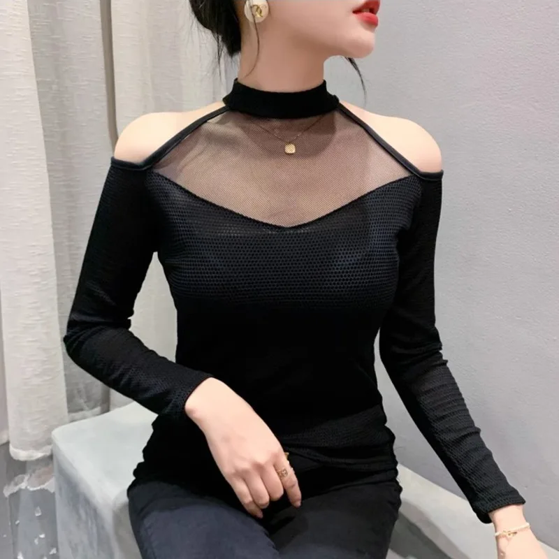 #8044 Сетчатая футболка с принтом Женский Топ длинным рукавом и открытыми плечами