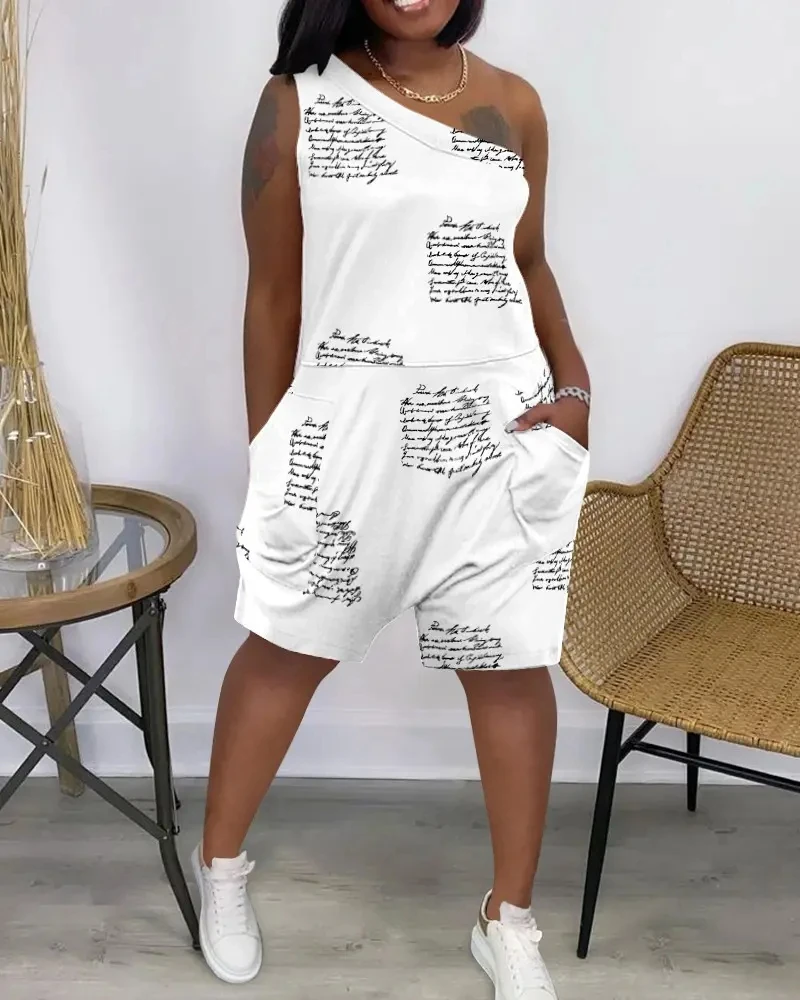 

Letter Print One Shoulder Pocket Design Romper