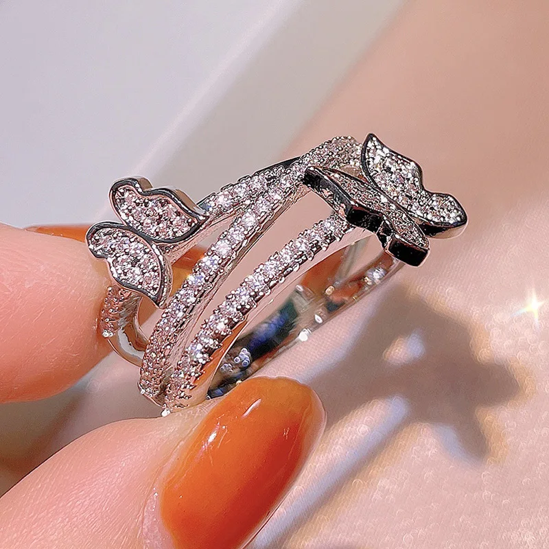 

Double-deck Butterfly Zircon Ring Fashion Wedding Jewelry for Woman 925 Stamp Female Ring Crystal Brand Ring Gift
