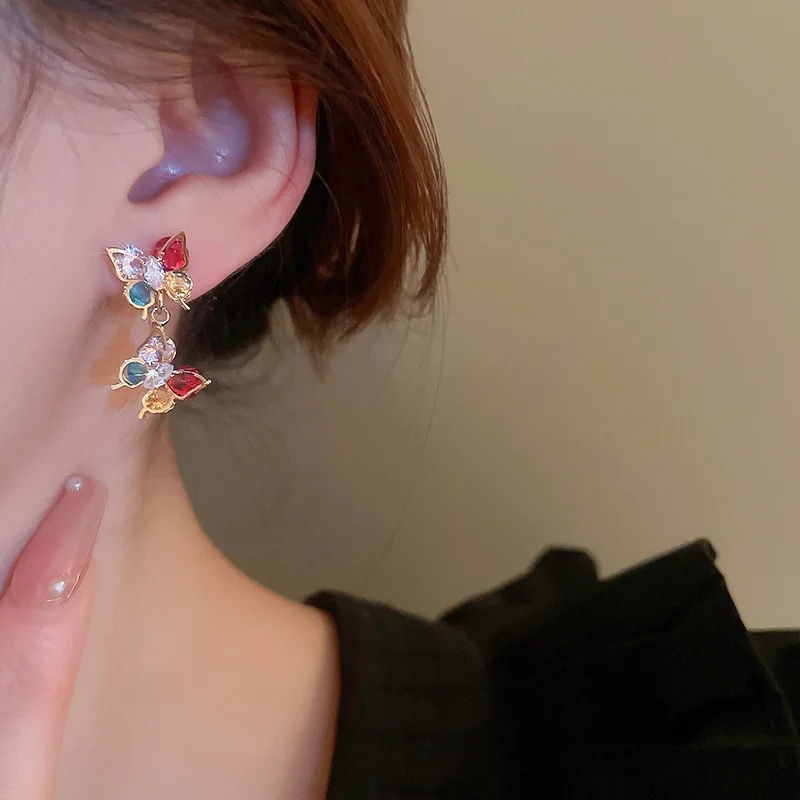 Sweet Cute Sliver Needle Colorful Crystal Butterfly Dangle Earrings for Women Fashion Elegant Earrings Kpop Lovely Jewelry Gift