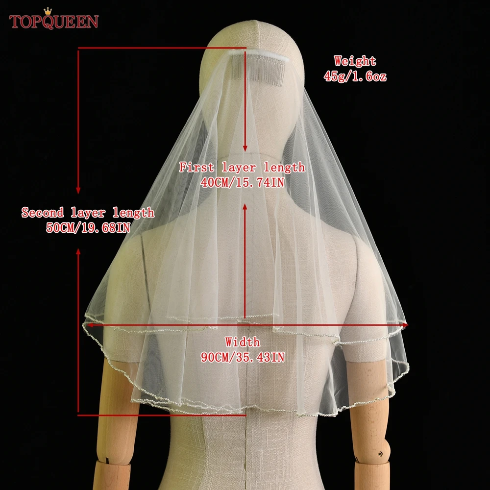 TOPQUEEN V173 Свадебная фата длиной до плеч 2-слойная с расческой румяна жемчугом для