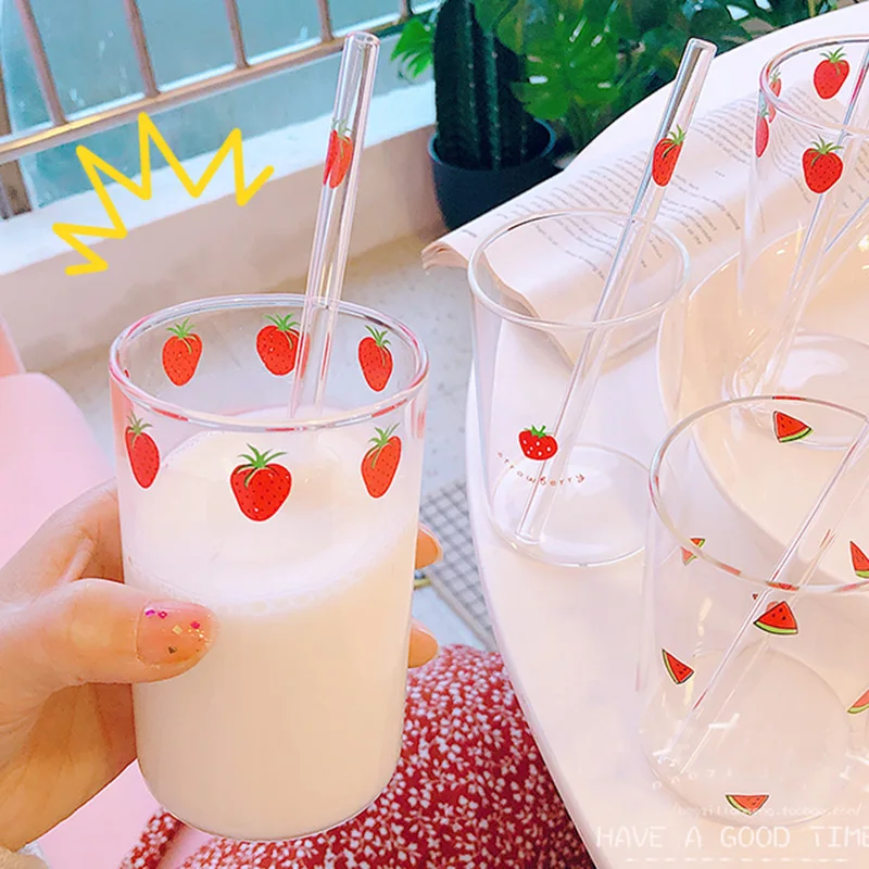 300 ML High Borosilicate Nana Cute Strawberry Water Milk Drinking Glasses Cup with Straw Upgrade Thickened Version
