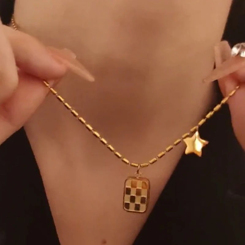 Золотое ожерелье из нержавеющей стали с подвеской в виде шахматной звезды