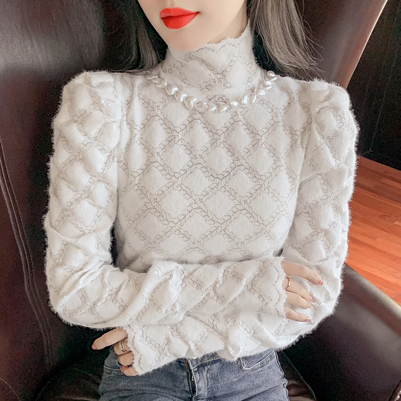 Осенне-зимняя рубашка с высоким воротником Женский пуловер длинным рукавом и