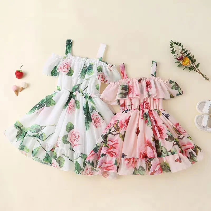 

Girls' Fashion One-line Collar Sling Dress 1-6 Years Old Children's Chiffon Printed Skirt Flower Girl Dresses Party Dresses