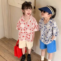 retro style floral loose short sleeve summer fashion shirts boys and girls cotton cool holiday tops toddler korean kids clothes
