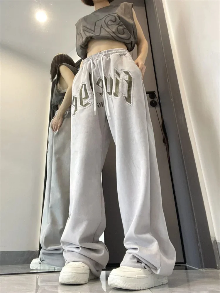 

Hip Hop Gray Joggers Sweatpants Women Oversized Letter Embroidery Streetwear Black Track Pants Y2K Kpop Jogging Pantalon