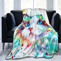 blue watercolor splashpainting cat flannel blanket soft warm sheets sofa towel quilt office travel travel light gift 6080 inch