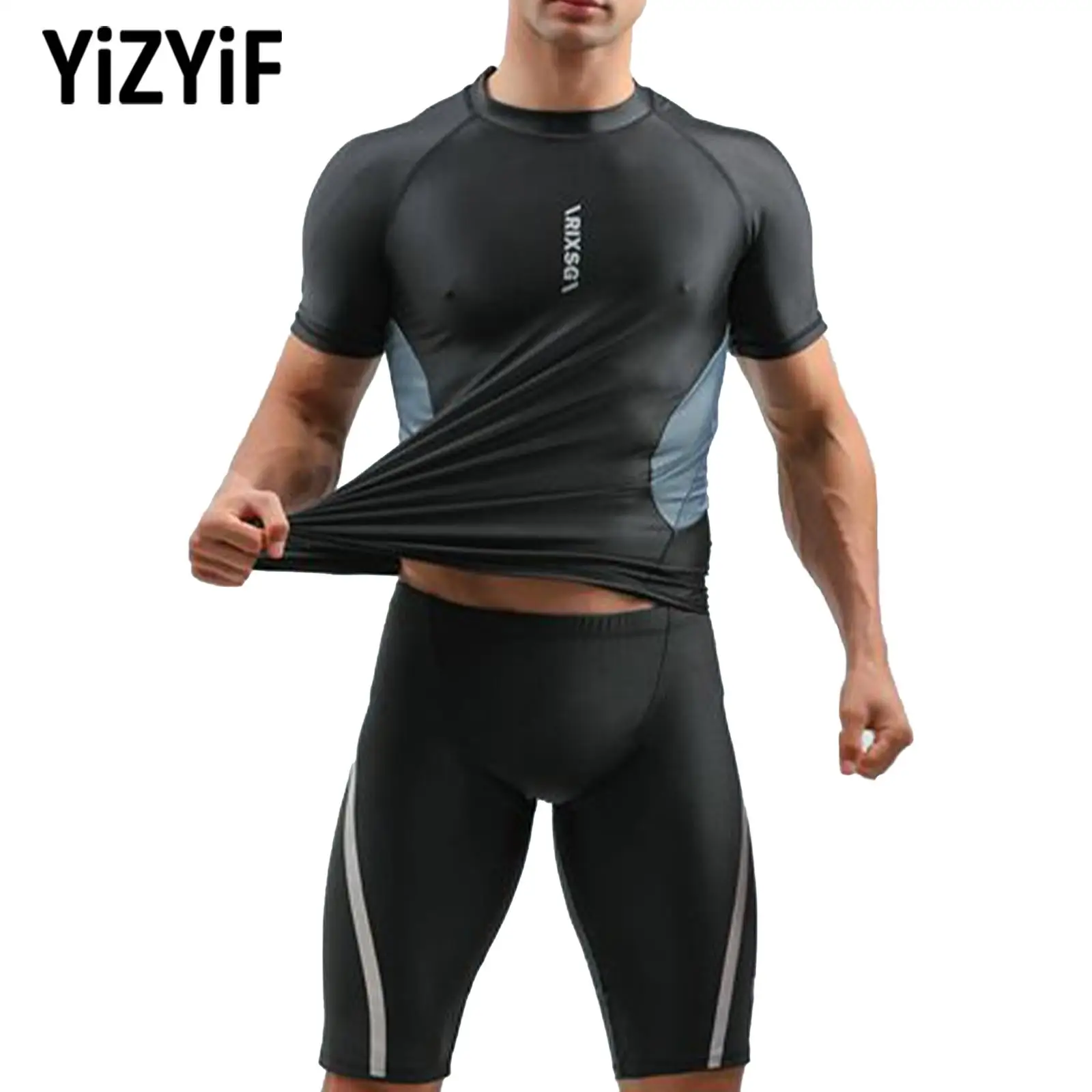 

2Pcs Men Quickly-dry Sport Swimsuit Short Sleeve Top Set Swimming Surfing Athletic Swimwear Pool Beach Bathing Suit Rashguard