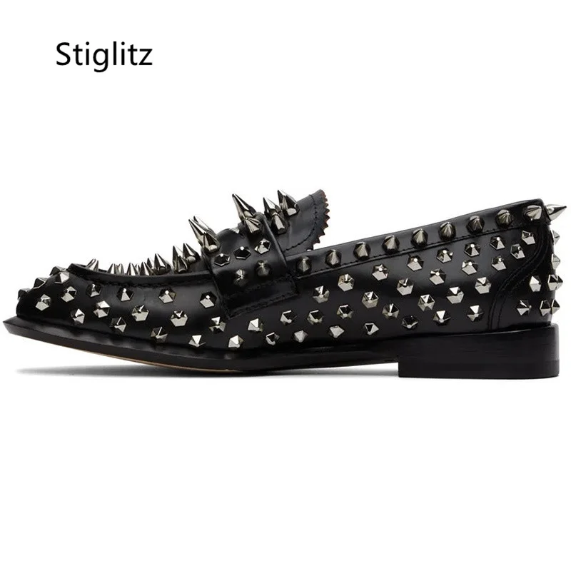 Newest Fashion Men Shoes Handmade Studs Spike Shoes Black Glitter Loafers Shoes Runway Shining Rivets Party Wedding Shoes