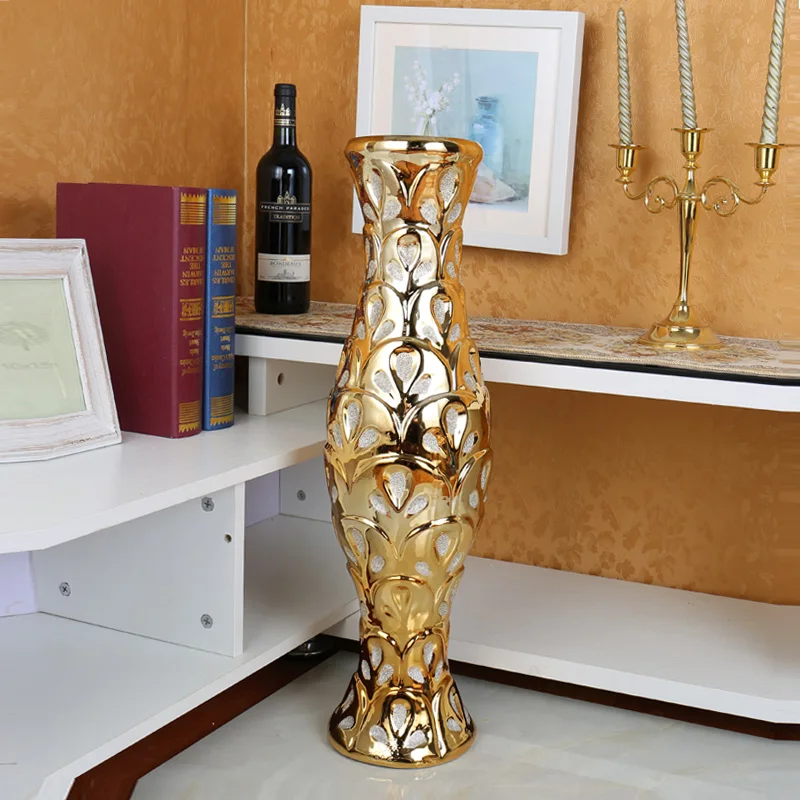 

Living Room Ceramics Large Floor Vase Simulation Ornaments Decorative High-End Luxury Golden Creative Personality 60cm High