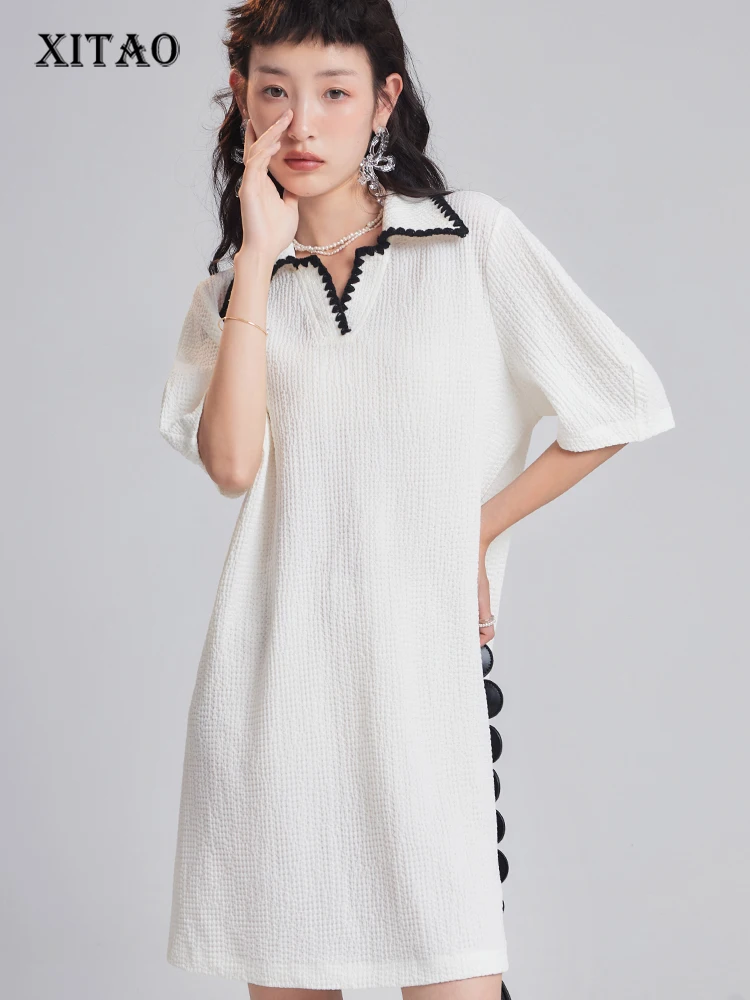 

XITAO Fashion Casual Dress Simplicity Loose Temperament Turn-down Collar Women T-shirt Dress 2022 Summer All-match New ZY7062