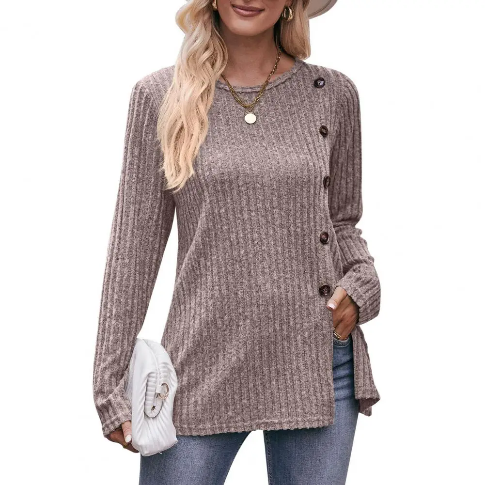 

Blouse for Womens Elegant Top Button Split Hem Solid Color Round Neck Striped Texture Solid Color Casual Lady Blouse blusas