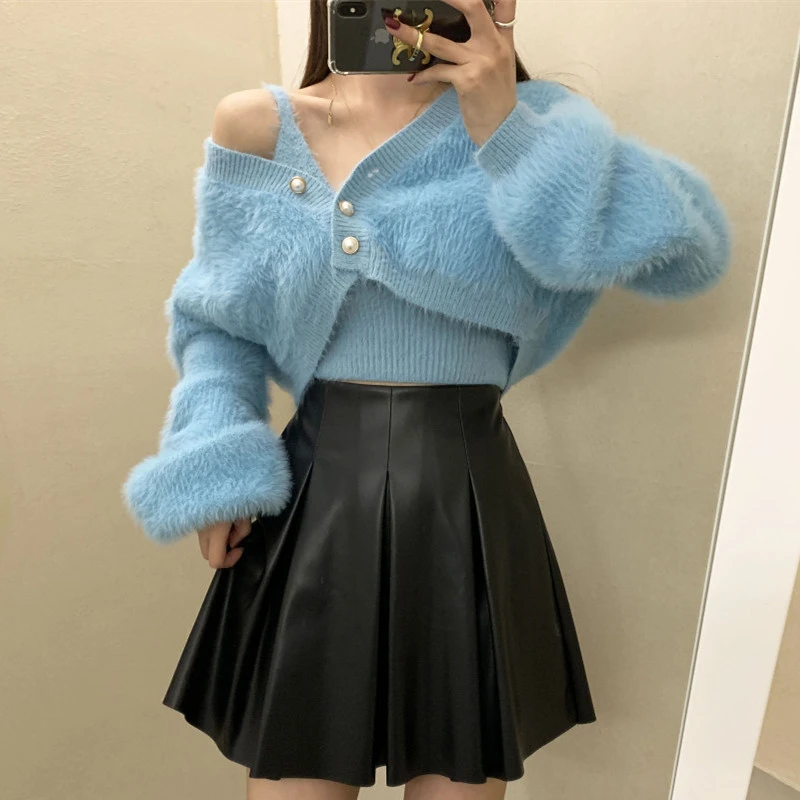 

Design Chic Ins Korean Fashion Irregular Collar Women Mohair Knitted Sweater Jumper Pullover Cardigan Suspenders Two Piece Set