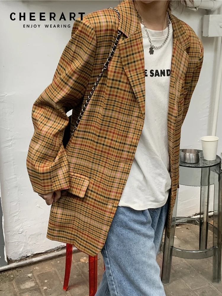 

CHEERART Vintage Yellow Plaid Blazer Women Fall 2022 Tailored Coats And Jackets Loose Casual Blazer Korean Fashion Clothing