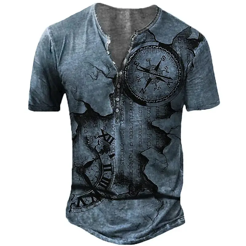 

Men&Henley Shirt Compass Print Summer Cotton T Shirts For Men Streetwear Button-Down Loose Short Sleeve Oversized T-shirts 5XL