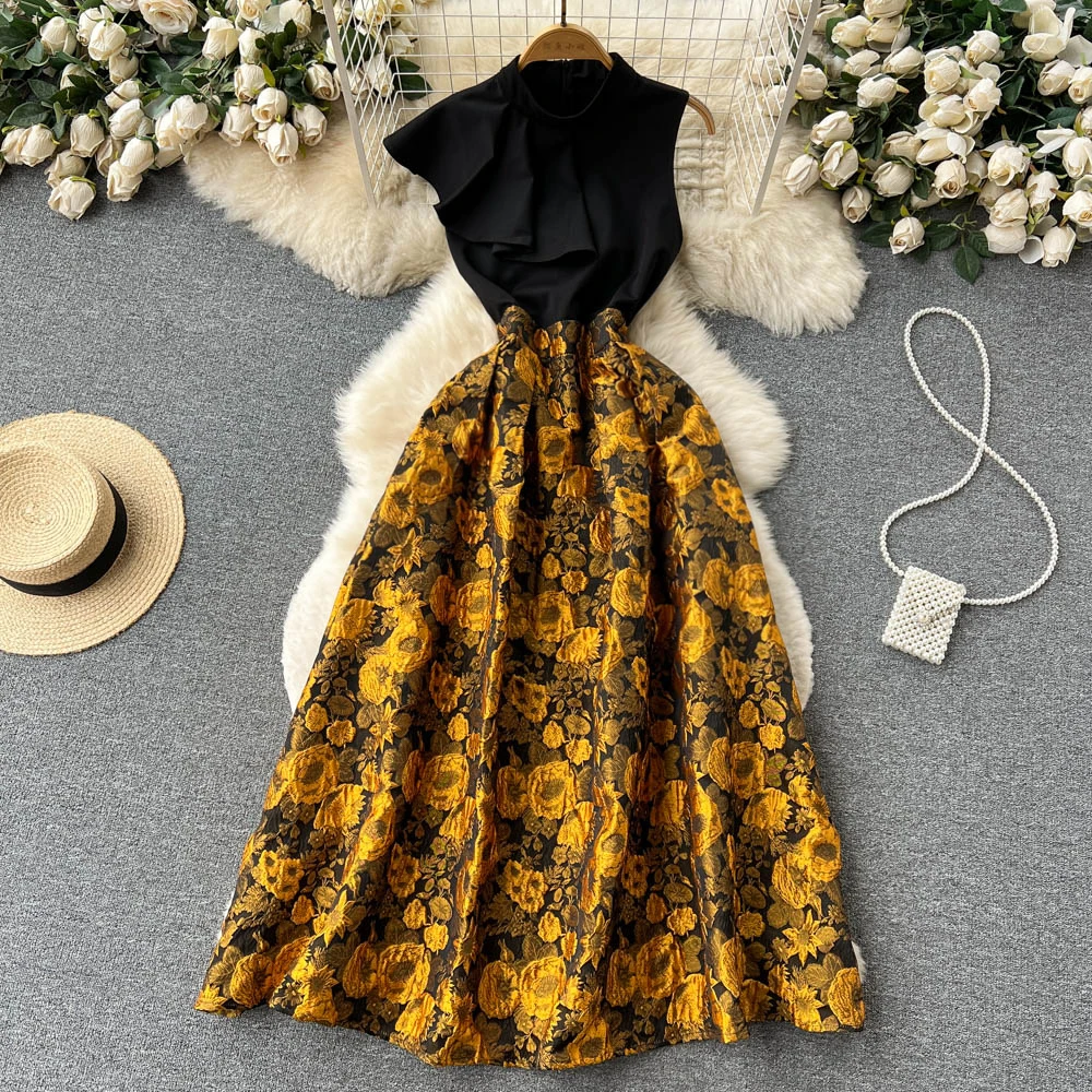 

Весеннее платье с оборками по краям, без рукавов, с высокой талией и 3D цветочной вышивкой