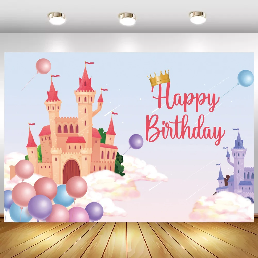 

Fairy Tale Princess Castles Girl Birthday Backdrops For Photography Cartoon Balloons Clouds Sky Newborn Baby Shower Backgrounds