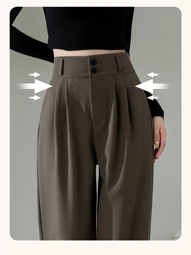 

Женские широкие брюки с высокой талией, новинка 2023, свободные прямые Осенние повседневные Костюмные брюки с двумя пуговицами для женщин