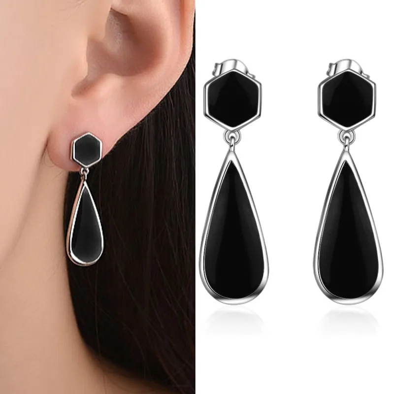 

Женские черные серьги-капельки из серебра 925 пробы