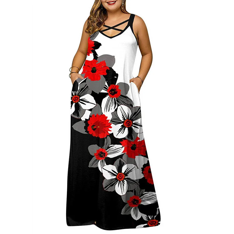 

2023 Summer New Large Swing Long Dress Womens Cross V-neck Positioned Print Loose Pocket Sleeveless Dress Maxi Dresses For Women