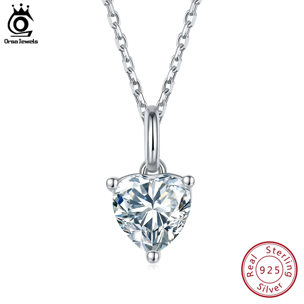 

ORSA JEWELS 925 Sterling Silver Real Heart-Cut Moissanite Solitaire Pendant for Women Luxury Necklace Chain Jewelry Gift SMN31